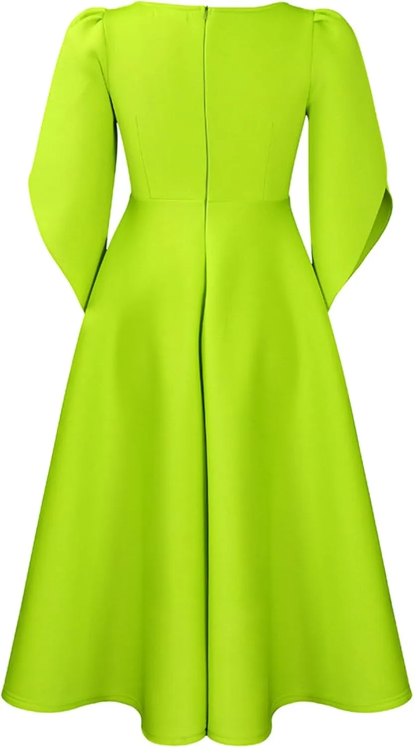 SOMTHRON Women's Elegant 3/4 Petal Sleeve Long Maxi Dress Crewneck A-Line Pleated Swing Formal Cocktail Party Dress