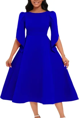 SOMTHRON Women's Elegant 3/4 Petal Sleeve Long Maxi Dress Crewneck A-Line Pleated Swing Formal Cocktail Party Dress