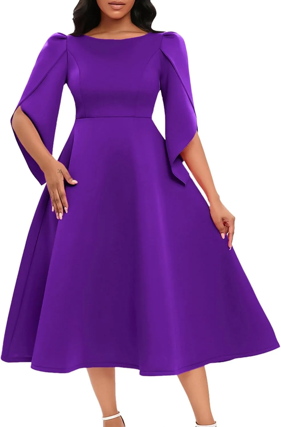SOMTHRON Women's Elegant 3/4 Petal Sleeve Long Maxi Dress Crewneck A-Line Pleated Swing Formal Cocktail Party Dress