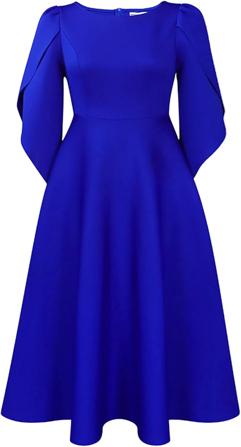 SOMTHRON Women's Elegant 3/4 Petal Sleeve Long Maxi Dress Crewneck A-Line Pleated Swing Formal Cocktail Party Dress