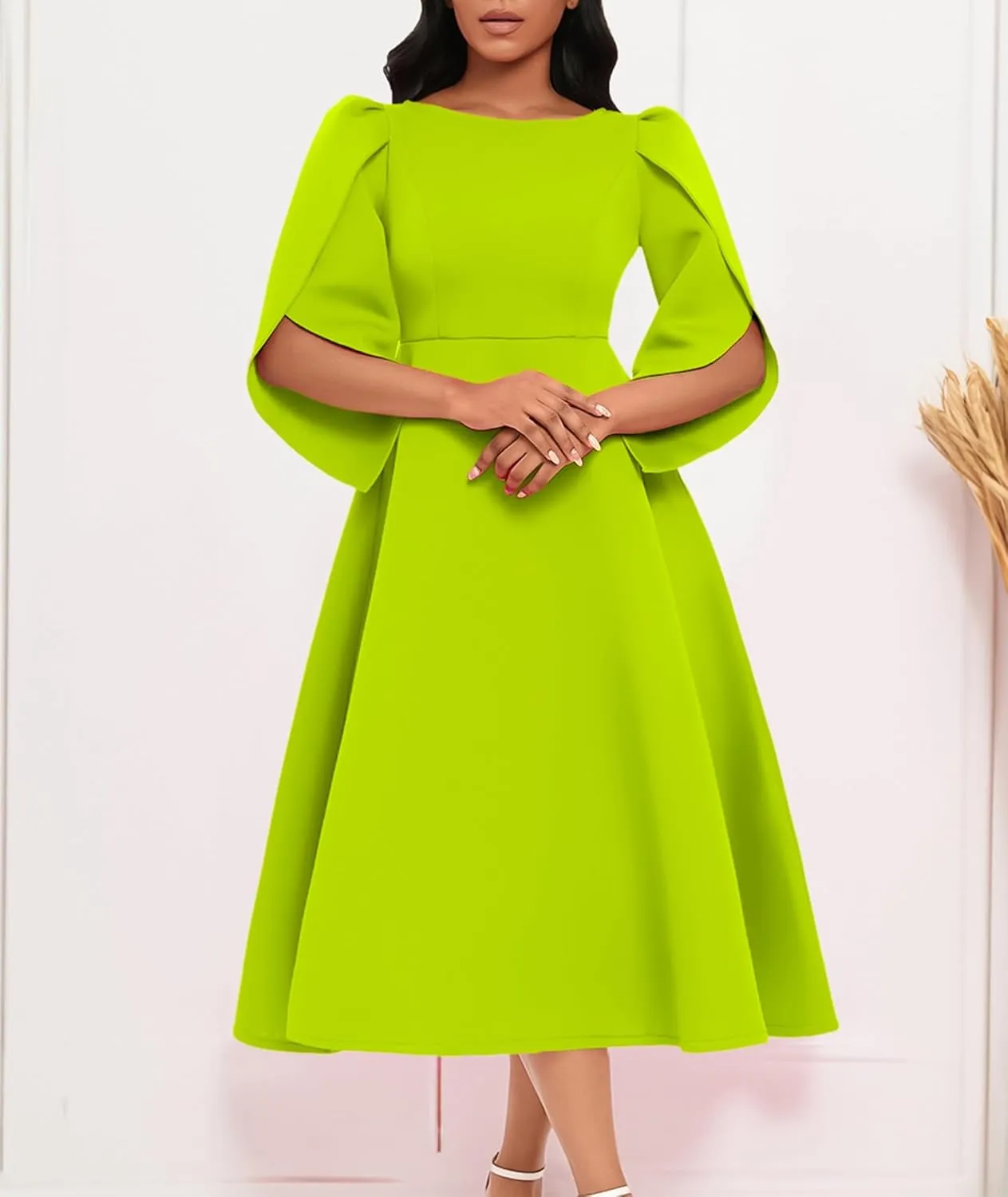 SOMTHRON Women's Elegant 3/4 Petal Sleeve Long Maxi Dress Crewneck A-Line Pleated Swing Formal Cocktail Party Dress