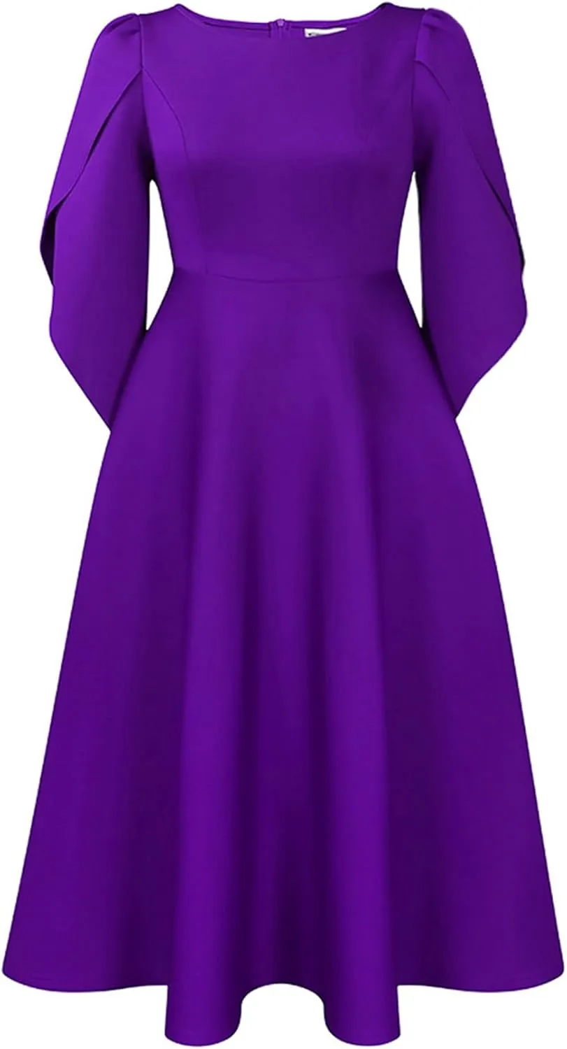 SOMTHRON Women's Elegant 3/4 Petal Sleeve Long Maxi Dress Crewneck A-Line Pleated Swing Formal Cocktail Party Dress