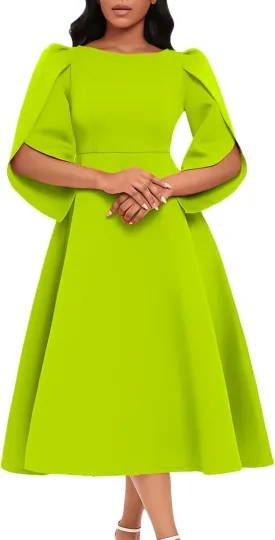 SOMTHRON Women's Elegant 3/4 Petal Sleeve Long Maxi Dress Crewneck A-Line Pleated Swing Formal Cocktail Party Dress