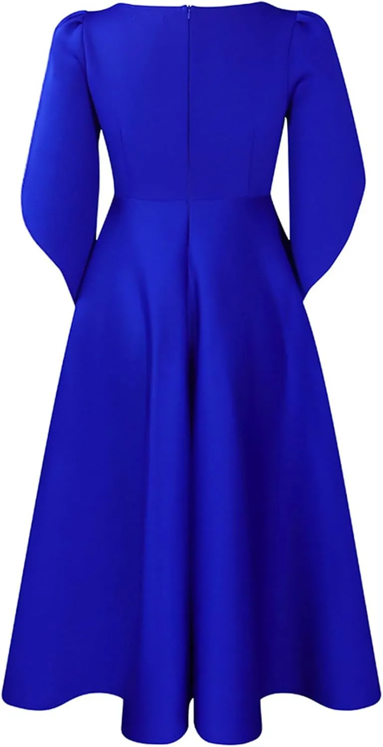 SOMTHRON Women's Elegant 3/4 Petal Sleeve Long Maxi Dress Crewneck A-Line Pleated Swing Formal Cocktail Party Dress