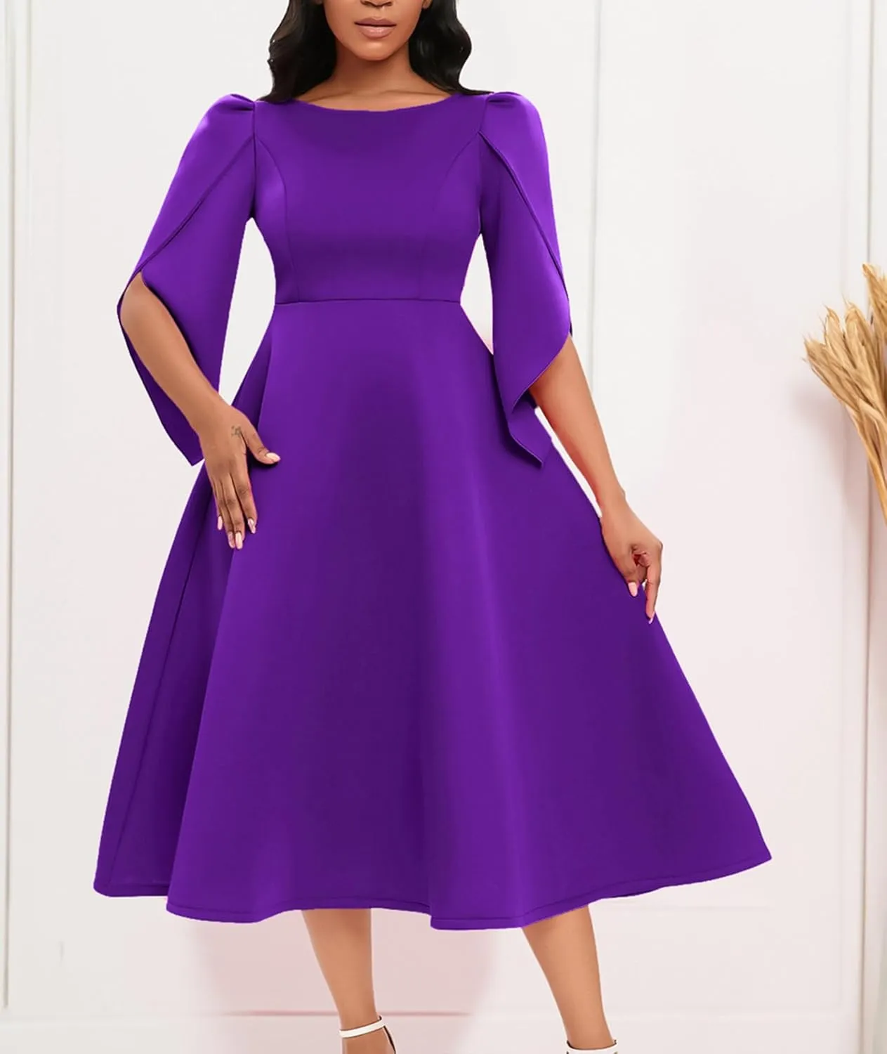 SOMTHRON Women's Elegant 3/4 Petal Sleeve Long Maxi Dress Crewneck A-Line Pleated Swing Formal Cocktail Party Dress