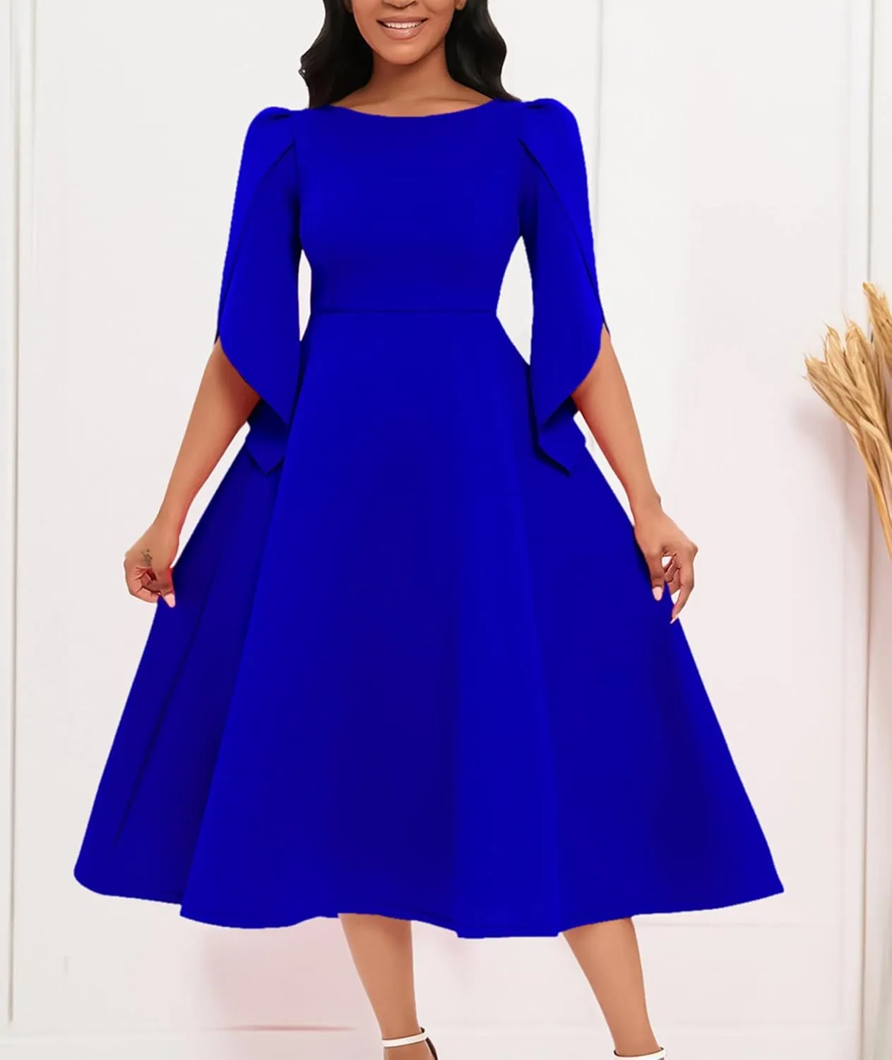 SOMTHRON Women's Elegant 3/4 Petal Sleeve Long Maxi Dress Crewneck A-Line Pleated Swing Formal Cocktail Party Dress