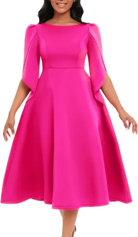 SOMTHRON Women's Elegant 3/4 Petal Sleeve Long Maxi Dress Crewneck A-Line Pleated Swing Formal Cocktail Party Dress
