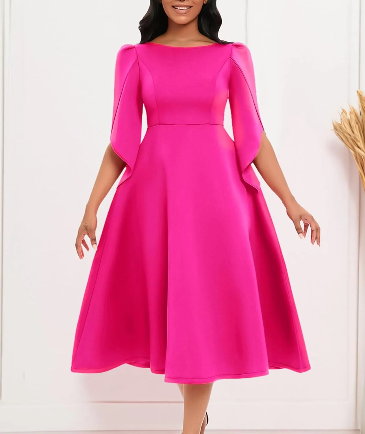 SOMTHRON Women's Elegant 3/4 Petal Sleeve Long Maxi Dress Crewneck A-Line Pleated Swing Formal Cocktail Party Dress