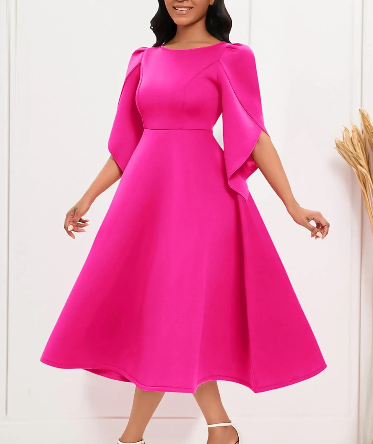 SOMTHRON Women's Elegant 3/4 Petal Sleeve Long Maxi Dress Crewneck A-Line Pleated Swing Formal Cocktail Party Dress