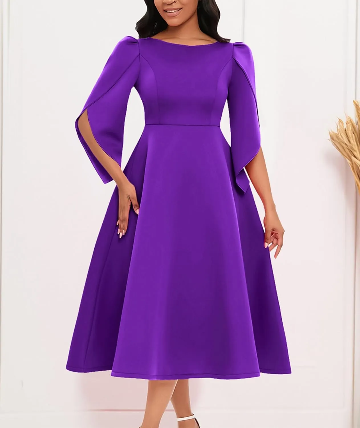 SOMTHRON Women's Elegant 3/4 Petal Sleeve Long Maxi Dress Crewneck A-Line Pleated Swing Formal Cocktail Party Dress