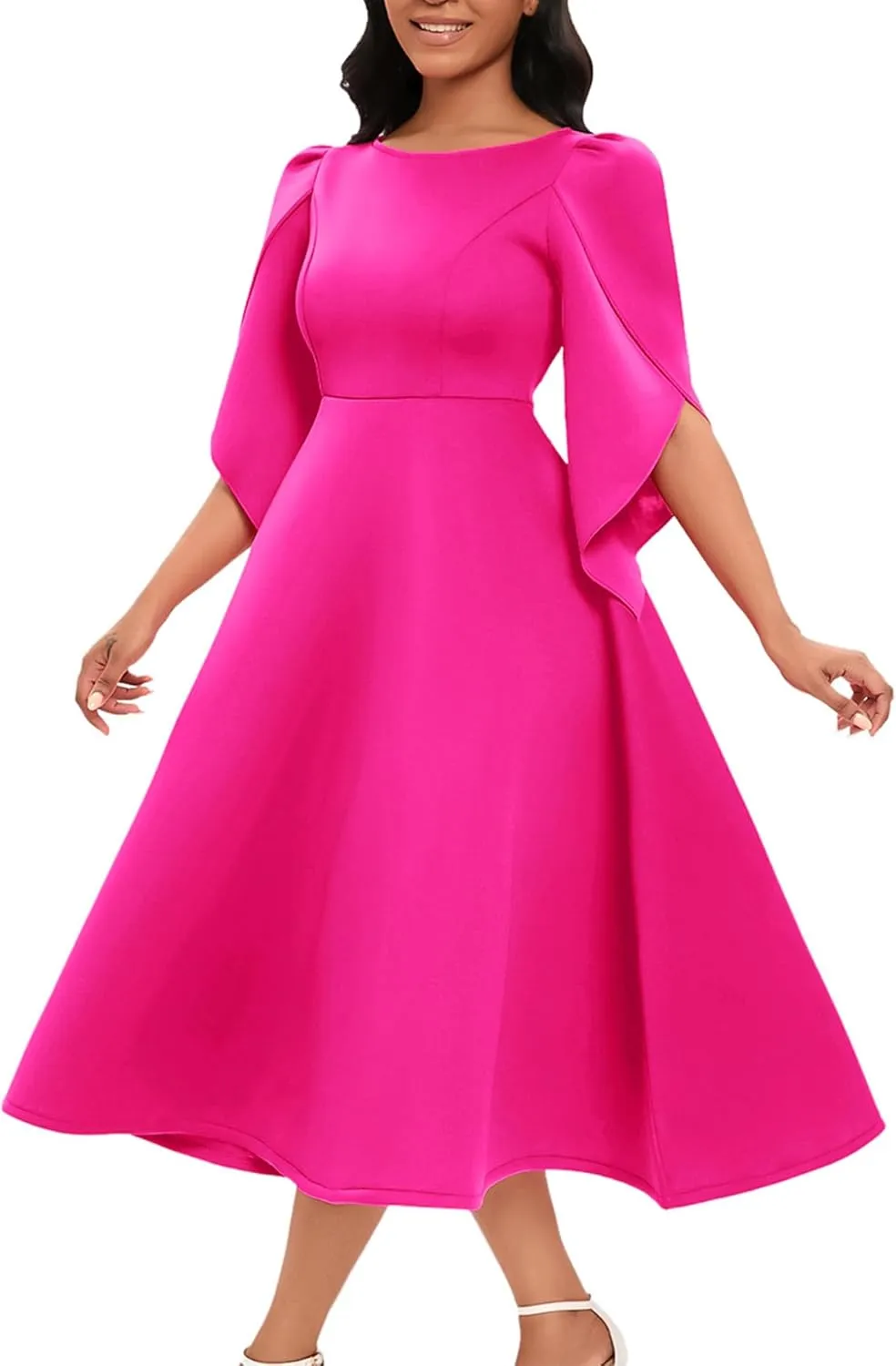 SOMTHRON Women's Elegant 3/4 Petal Sleeve Long Maxi Dress Crewneck A-Line Pleated Swing Formal Cocktail Party Dress