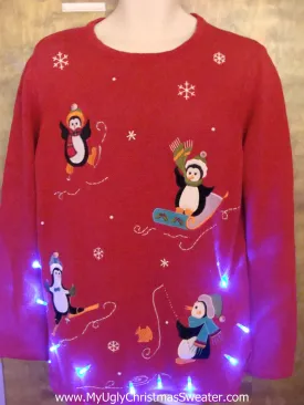 Sporty Penguins Ugly Christmas Sweater with Lights