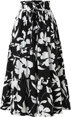 Summer Midi Skirts for Women Fashion Floral Print Elastic High Waist Ruffle Hem Skirt Casual Flowy Color Block Skirt