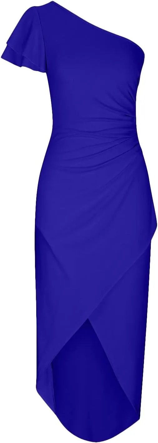 Women 2025 Summer Elegant One Shoulder Cocktail Dress Ruffle Sleeve Wrap Ruched Bodycon Short Party Midi Dresses