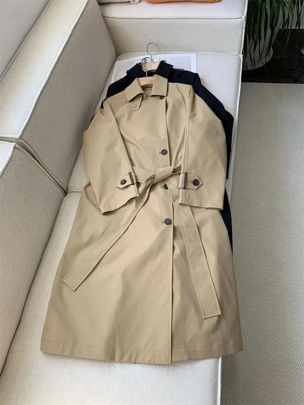 Women Fall Winter Long Lapel Long Sleeve Casual Loose Trench Coat Loose With Belt Casual Jacket