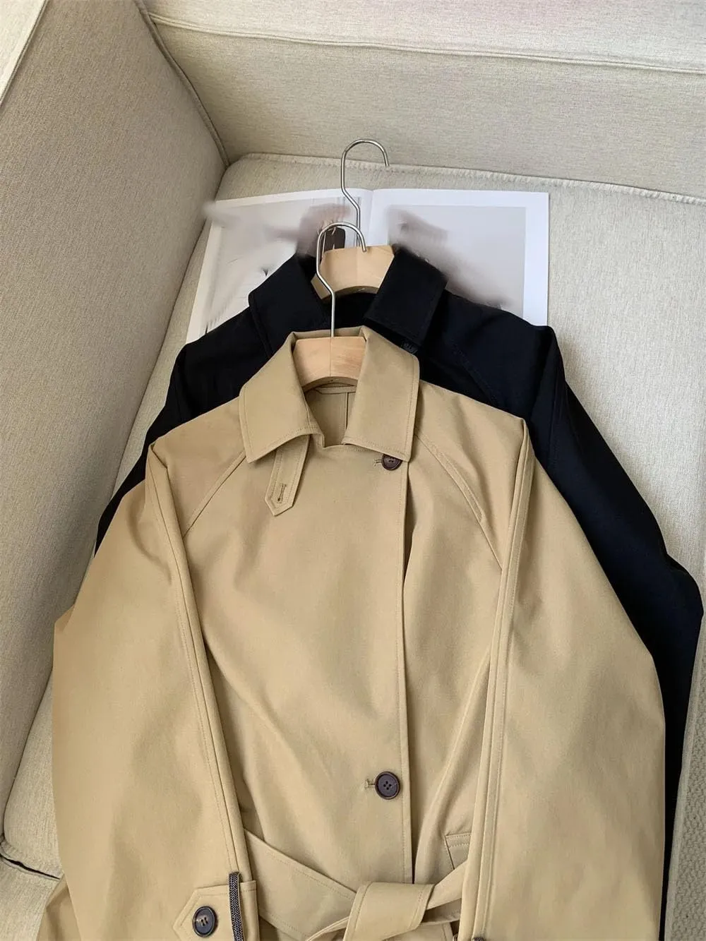 Women Fall Winter Long Lapel Long Sleeve Casual Loose Trench Coat Loose With Belt Casual Jacket