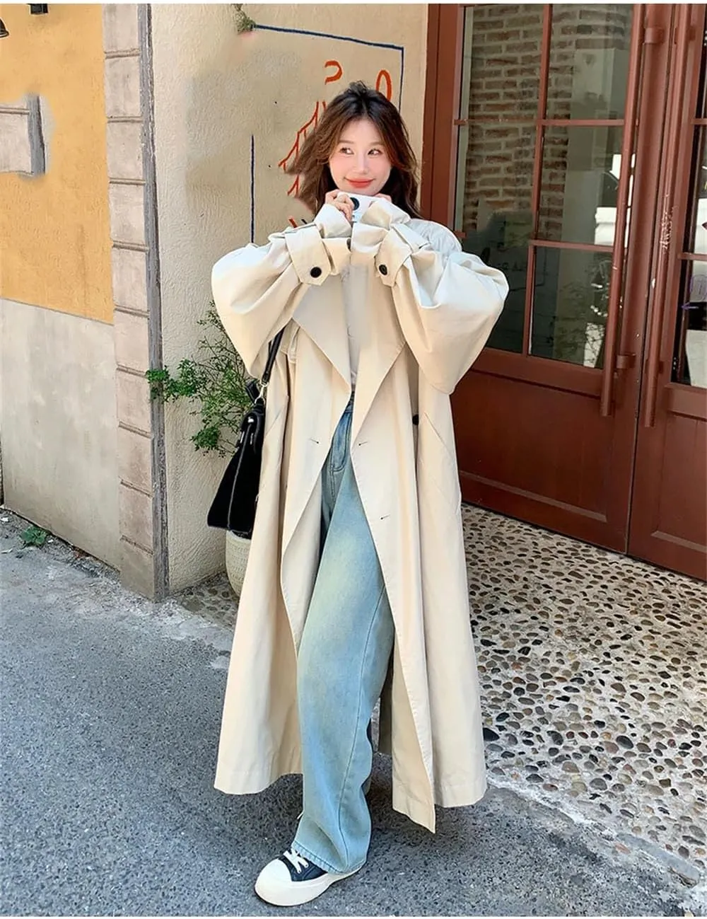 Women Lapel Long Sleeves Trench Coat Single Breasted Belt Loose Long Coat High Street Casual Overcoat