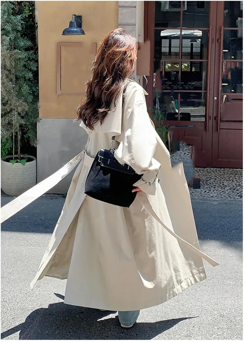 Women Lapel Long Sleeves Trench Coat Single Breasted Belt Loose Long Coat High Street Casual Overcoat