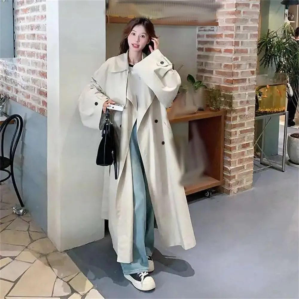 Women Lapel Long Sleeves Trench Coat Single Breasted Belt Loose Long Coat High Street Casual Overcoat