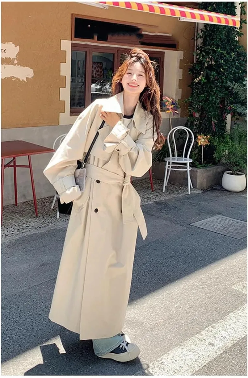 Women Lapel Long Sleeves Trench Coat Single Breasted Belt Loose Long Coat High Street Casual Overcoat