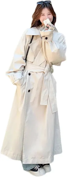 Women Lapel Long Sleeves Trench Coat Single Breasted Belt Loose Long Coat High Street Casual Overcoat