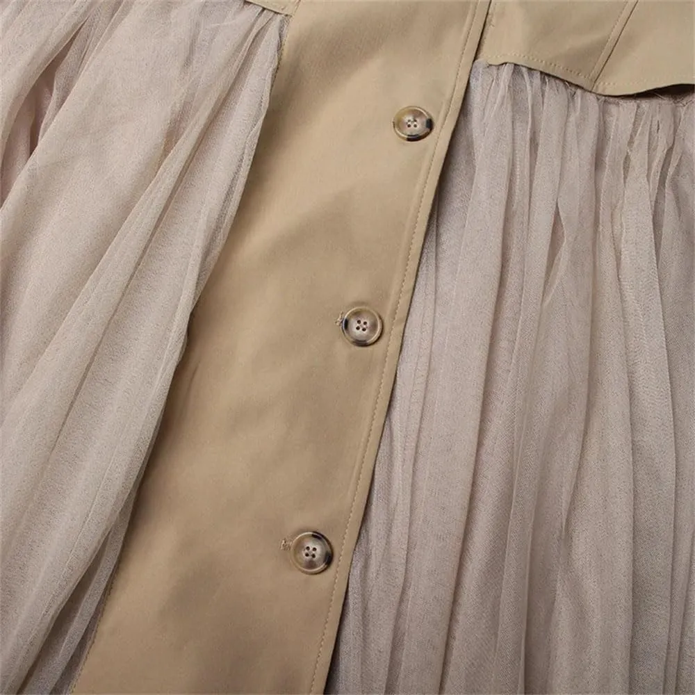 Women Long Trench Coat Loose Tulle Splicing Casual High Waist Long Coat Solid Single Breasted Jacket