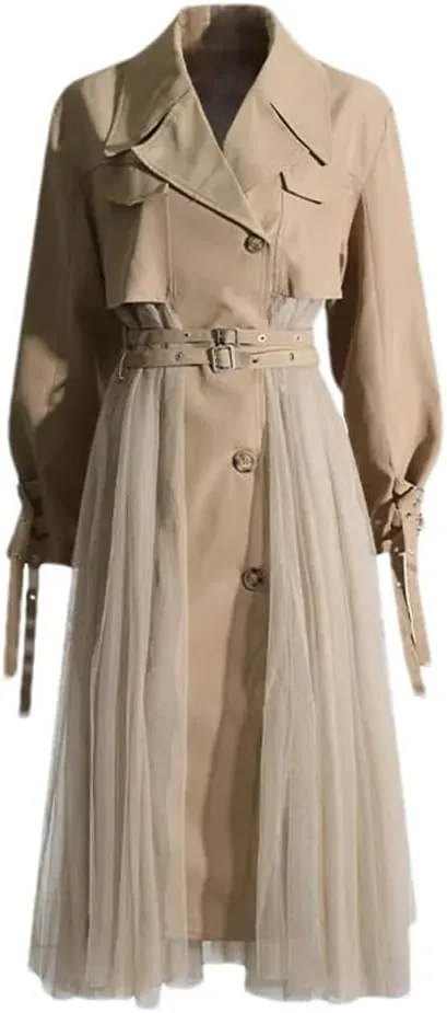 Women Long Trench Coat Loose Tulle Splicing Casual High Waist Long Coat Solid Single Breasted Jacket
