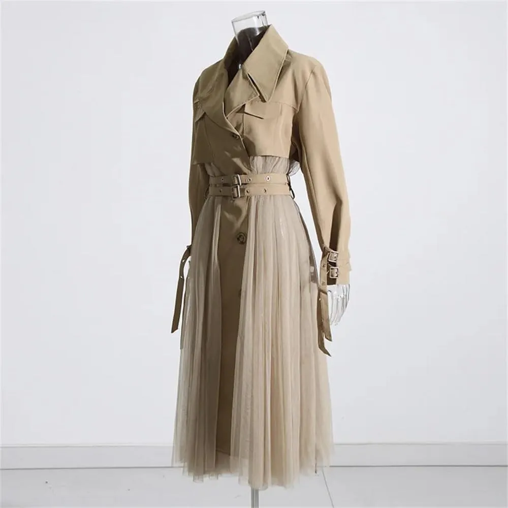 Women Long Trench Coat Loose Tulle Splicing Casual High Waist Long Coat Solid Single Breasted Jacket