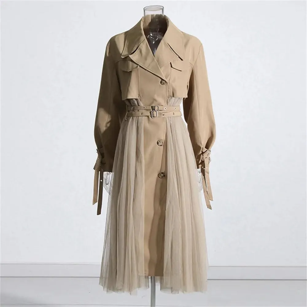 Women Long Trench Coat Loose Tulle Splicing Casual High Waist Long Coat Solid Single Breasted Jacket