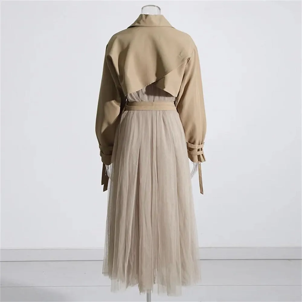 Women Long Trench Coat Loose Tulle Splicing Casual High Waist Long Coat Solid Single Breasted Jacket