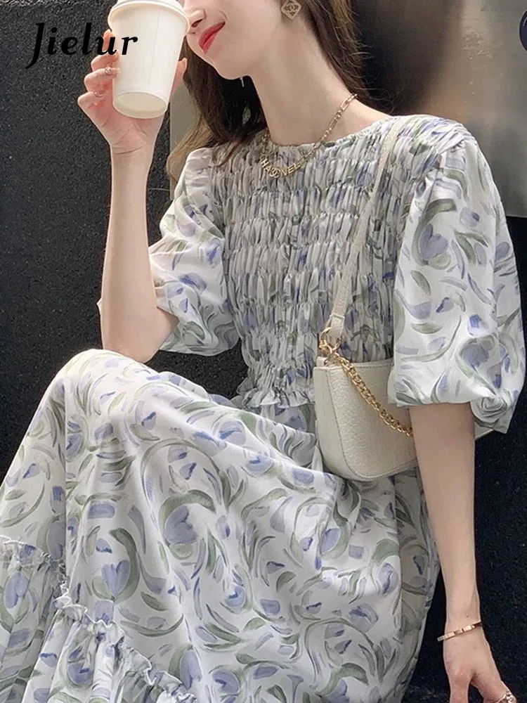 Women Pink French Floral Elegant Summer Puff Sleeve Midi Dress - WD8018