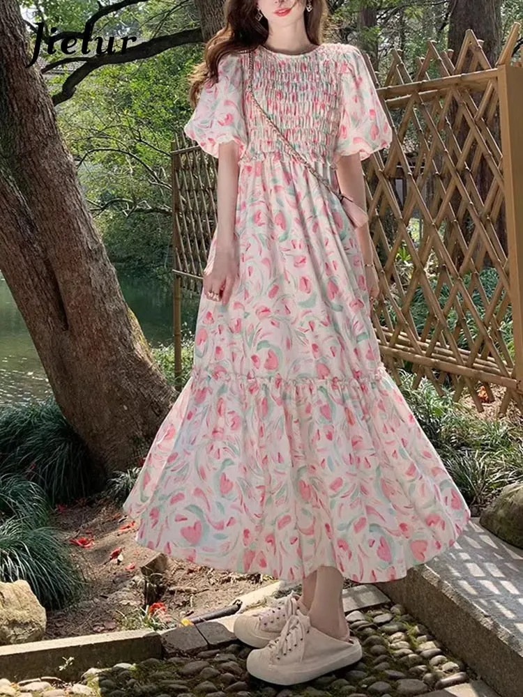 Women Pink French Floral Elegant Summer Puff Sleeve Midi Dress - WD8018