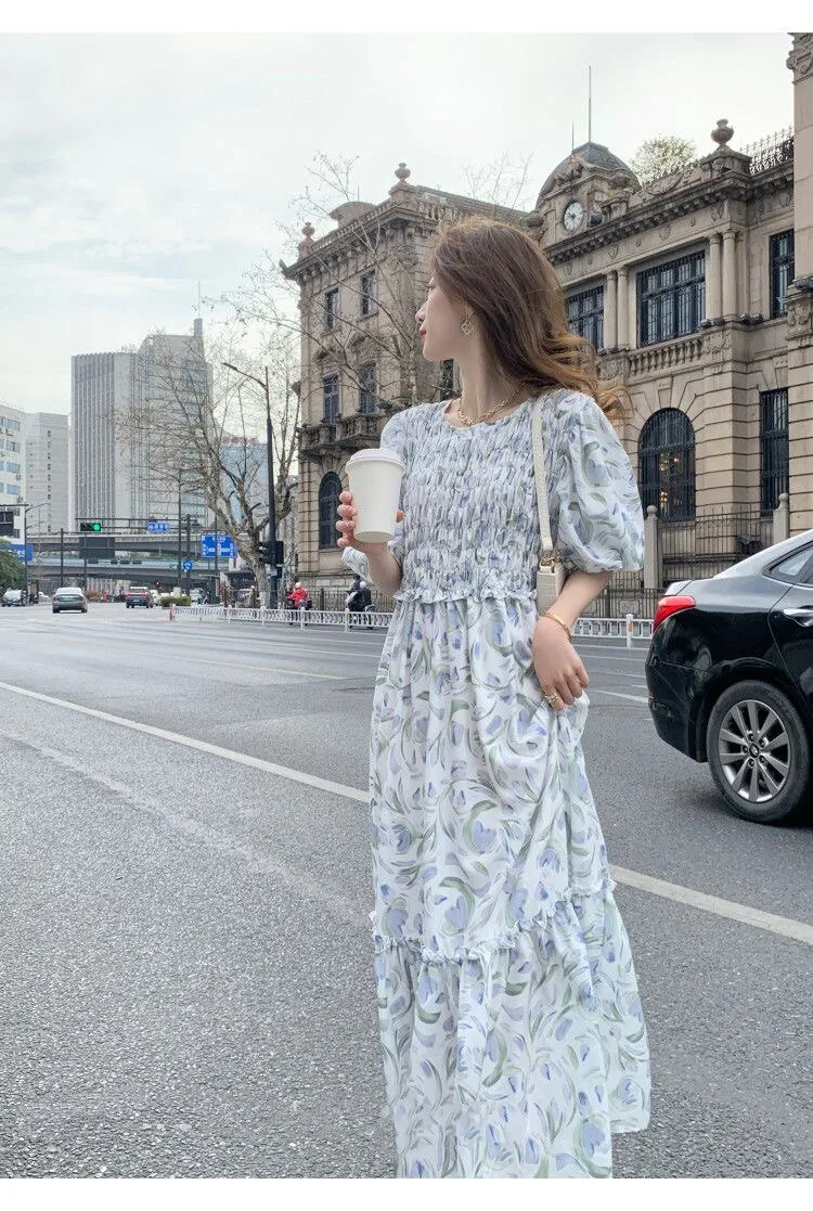Women Pink French Floral Elegant Summer Puff Sleeve Midi Dress - WD8018