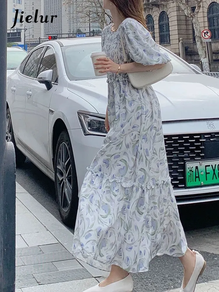 Women Pink French Floral Elegant Summer Puff Sleeve Midi Dress - WD8018