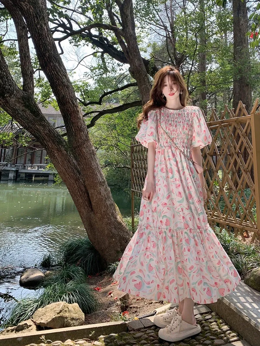 Women Pink French Floral Elegant Summer Puff Sleeve Midi Dress - WD8018