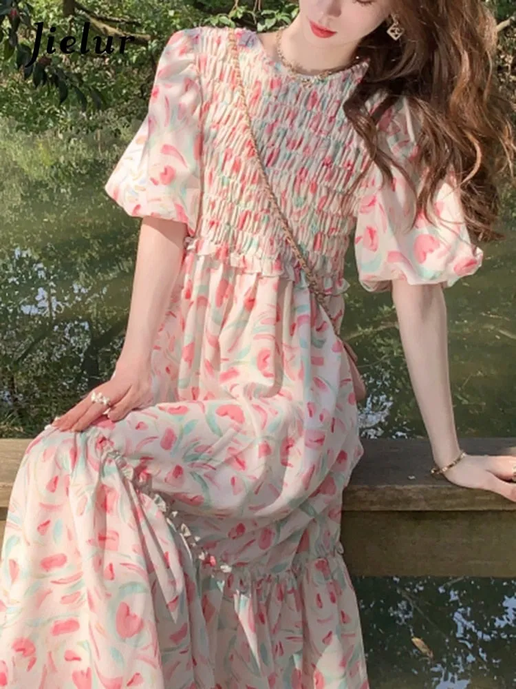 Women Pink French Floral Elegant Summer Puff Sleeve Midi Dress - WD8018