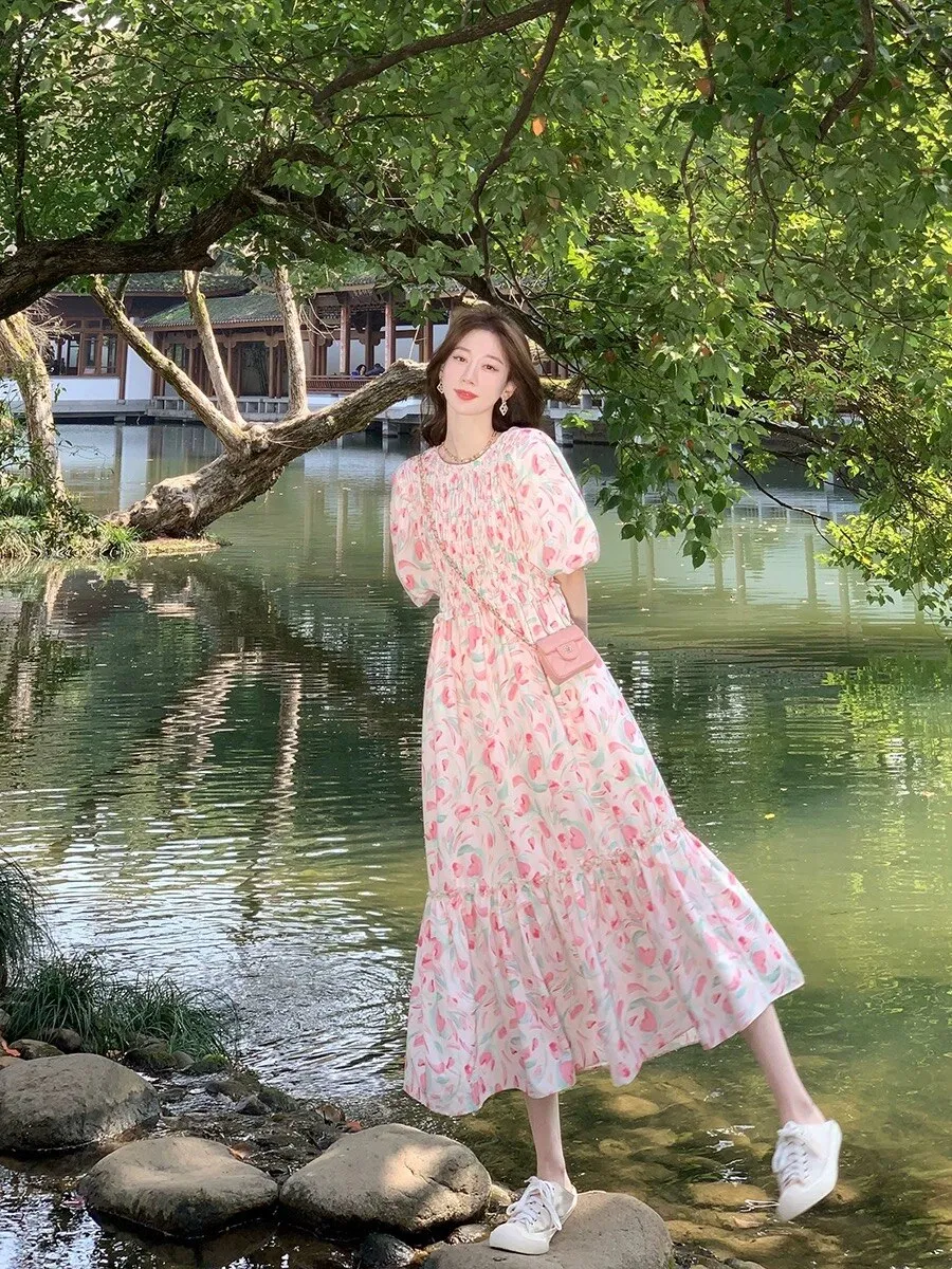 Women Pink French Floral Elegant Summer Puff Sleeve Midi Dress - WD8018