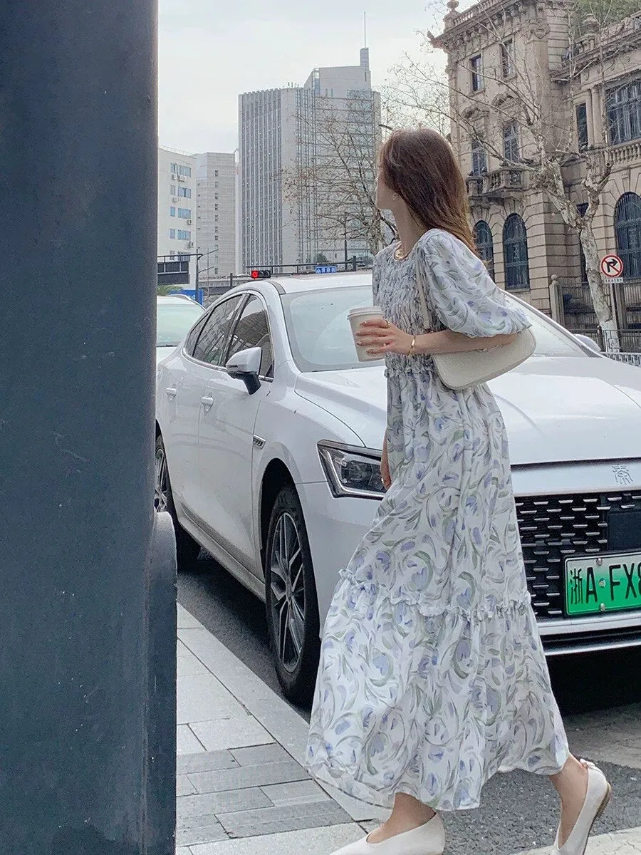 Women Pink French Floral Elegant Summer Puff Sleeve Midi Dress - WD8018