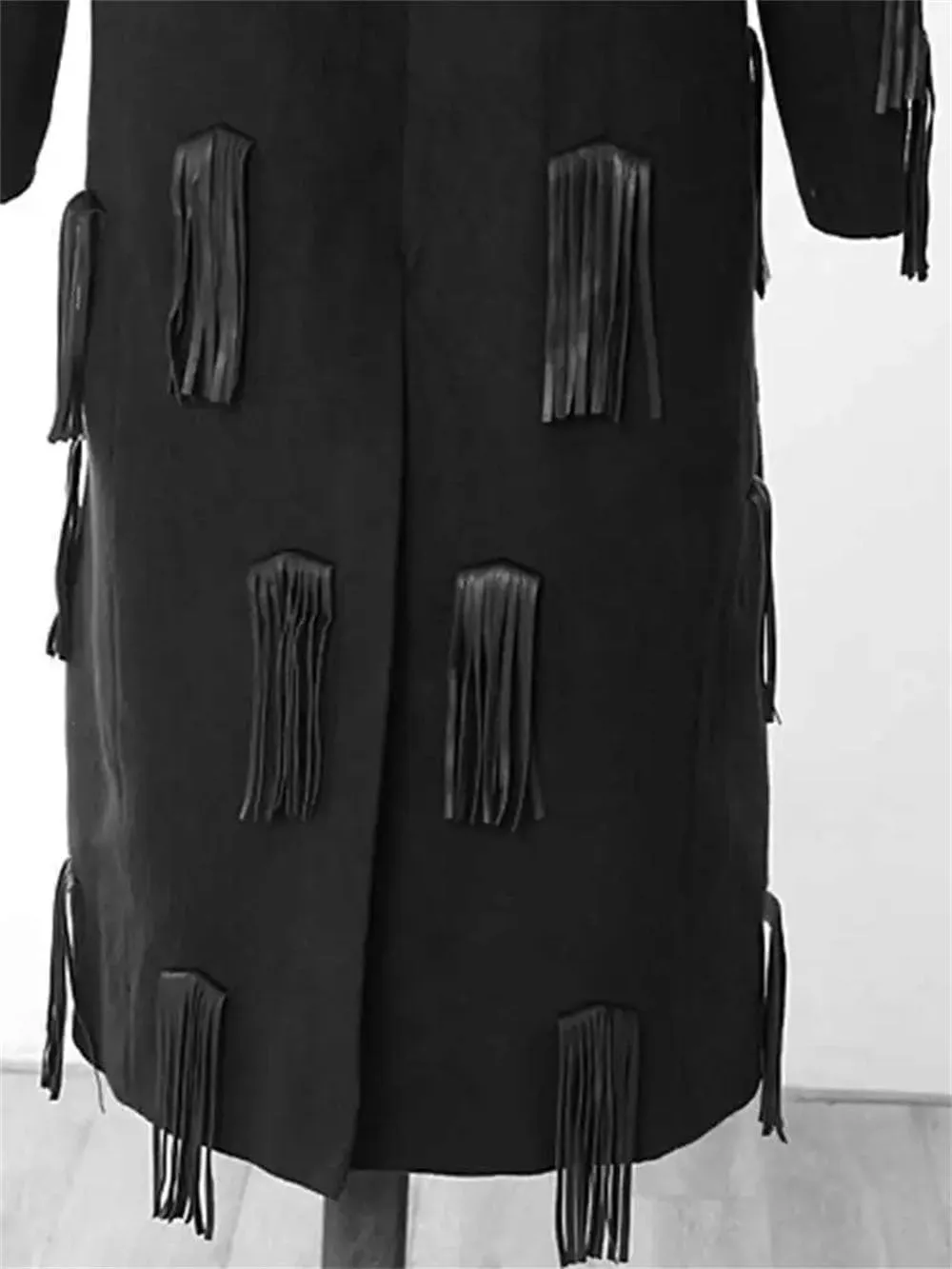 Women Pu Leather Tassels Long Trench Lapel Long Sleeve Long Coat Solid Single Breasted Jcaket