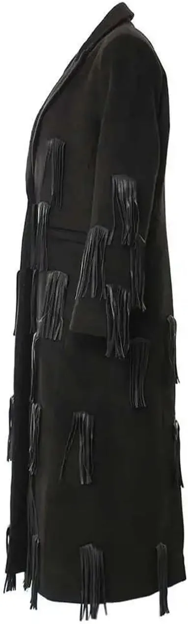 Women Pu Leather Tassels Long Trench Lapel Long Sleeve Long Coat Solid Single Breasted Jcaket