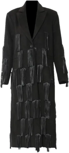 Women Pu Leather Tassels Long Trench Lapel Long Sleeve Long Coat Solid Single Breasted Jcaket