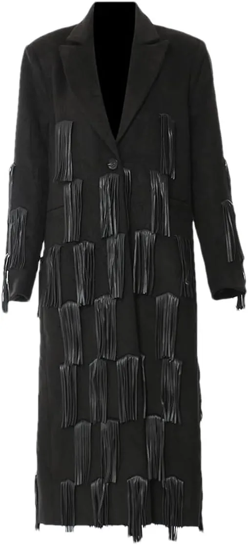 Women Pu Leather Tassels Long Trench Lapel Long Sleeve Long Coat Solid Single Breasted Jcaket