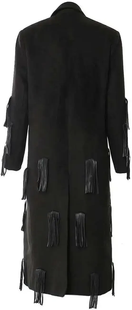 Women Pu Leather Tassels Long Trench Lapel Long Sleeve Long Coat Solid Single Breasted Jcaket