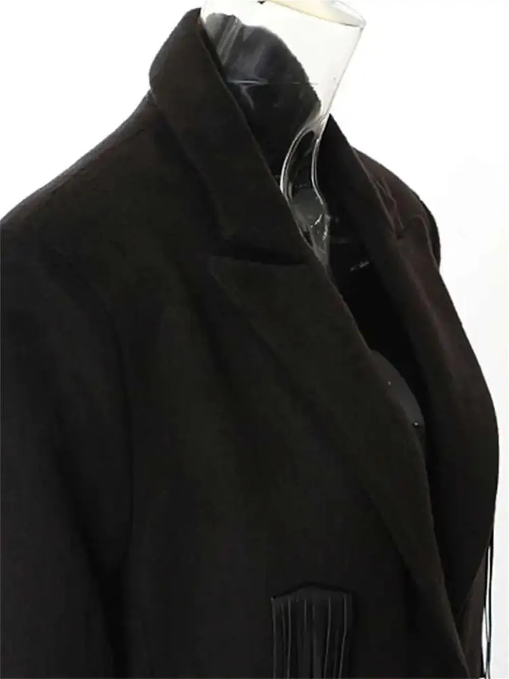 Women Pu Leather Tassels Long Trench Lapel Long Sleeve Long Coat Solid Single Breasted Jcaket