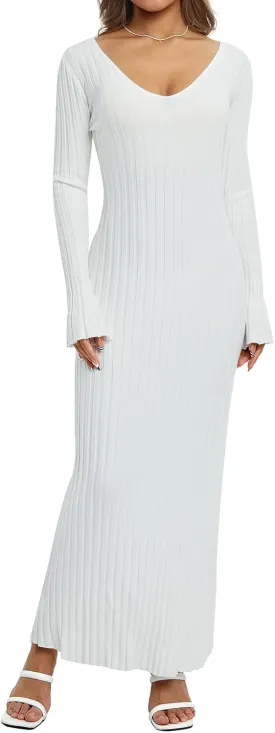 Women Sweater Dress Ribbed Long Sleeve Crewneck Knit Slim Fit Bodycon Dress Fall Maxi Long Dress