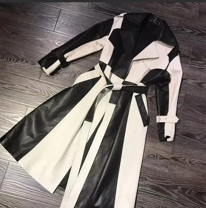 Womens Handmade Real Lambskin Leather Trench Coat, Two Tone, Full Length, Casual Long Coat