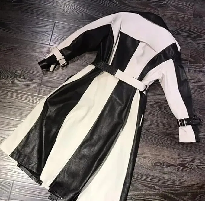 Womens Handmade Real Lambskin Leather Trench Coat, Two Tone, Full Length, Casual Long Coat