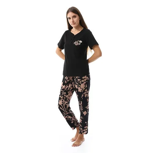 Women's summer pajama Printed cotton T-shirt and viscose pants-Black