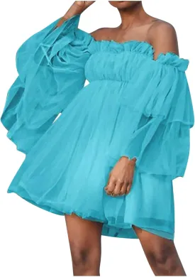 XUNRYAN Women's Romantic Cute Off Shoulder Flounce Long Sleeve Wedding Ruffle Mesh Party Mini Dress Beach Sundress