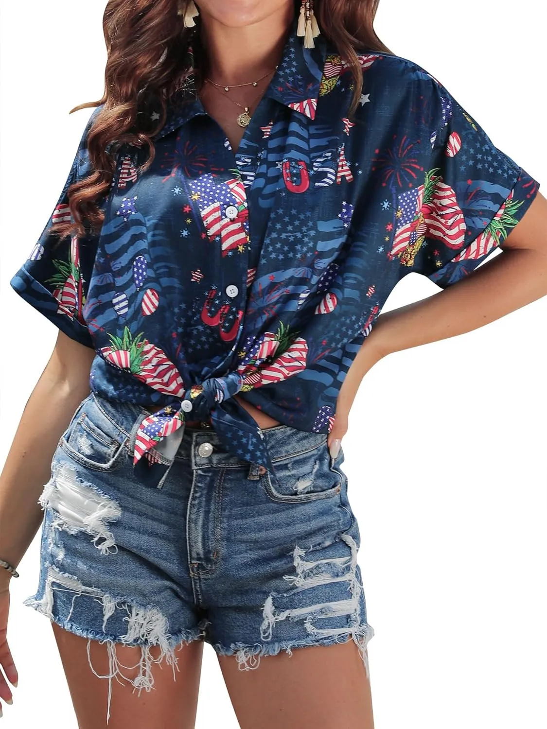 ZXZY Mama Shirt Hawaiian Short Sleeve Blouses Fourth of July Shirts for Women Vneck Tshirts Tops